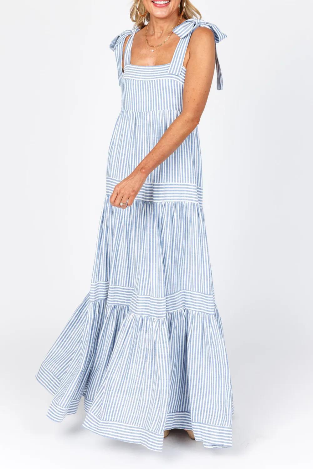 Blue Striped Sleeveless Tiered Maxi Dress
