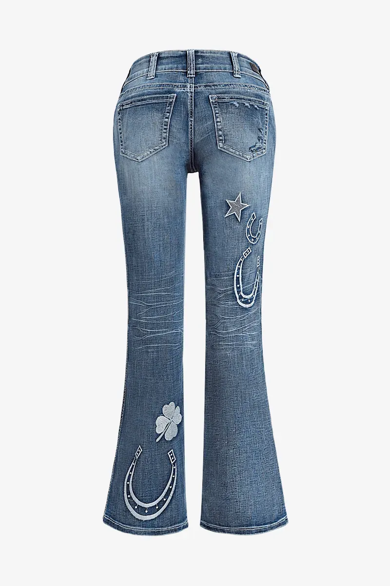 Star & Moon Pattern Button Front Mid Rise Bootcut Jeans