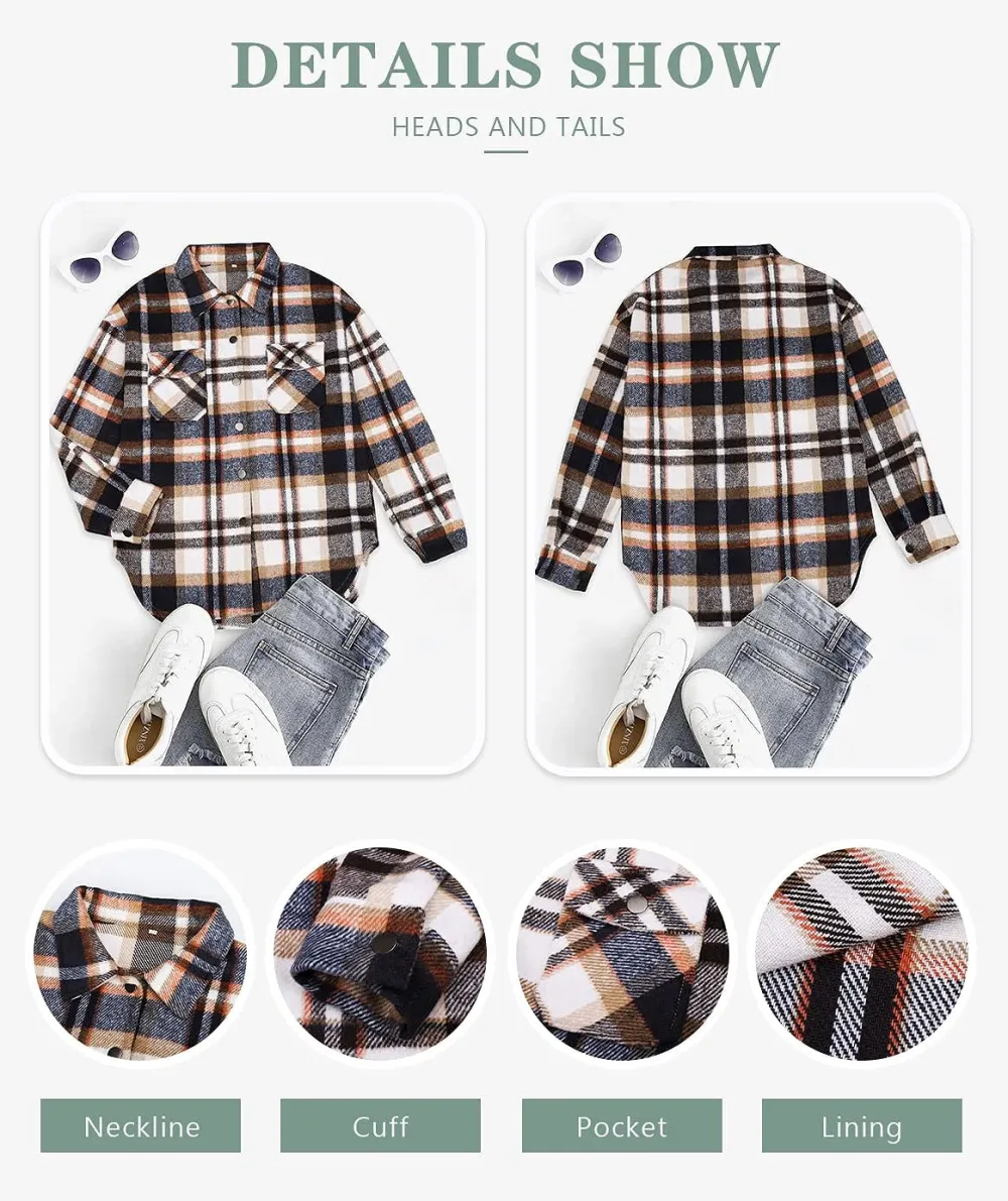 Women's Flannel Plaid Shacket Long Sleeve Button Down Chest Pocketed Shirts Jacket Coats