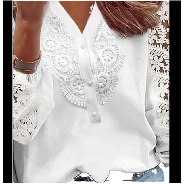 Women's Lace Shirt Shirt Blouse White Eyelet Tops Floral Graphic Butterfly Work Casual White Lace Button Cut Out Long Sleeve Elegant Vintage Fashion V Neck Spring Fall