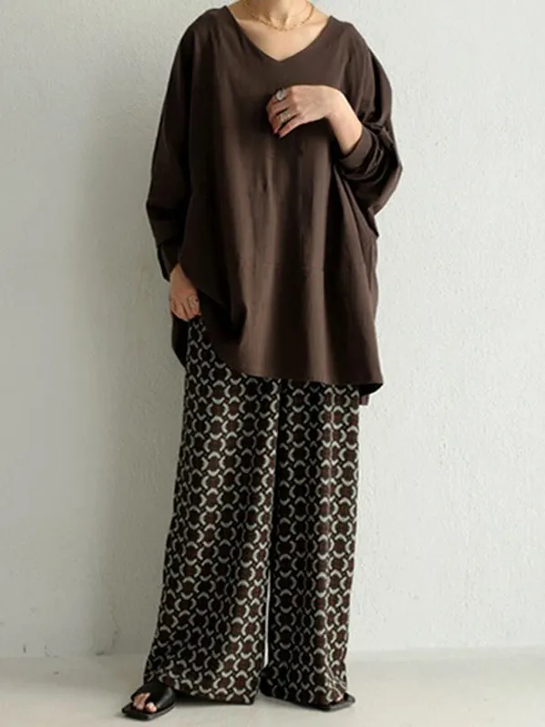 Simple Oversize Solid Color V-Neck Batwing Sleeve T-Shirts