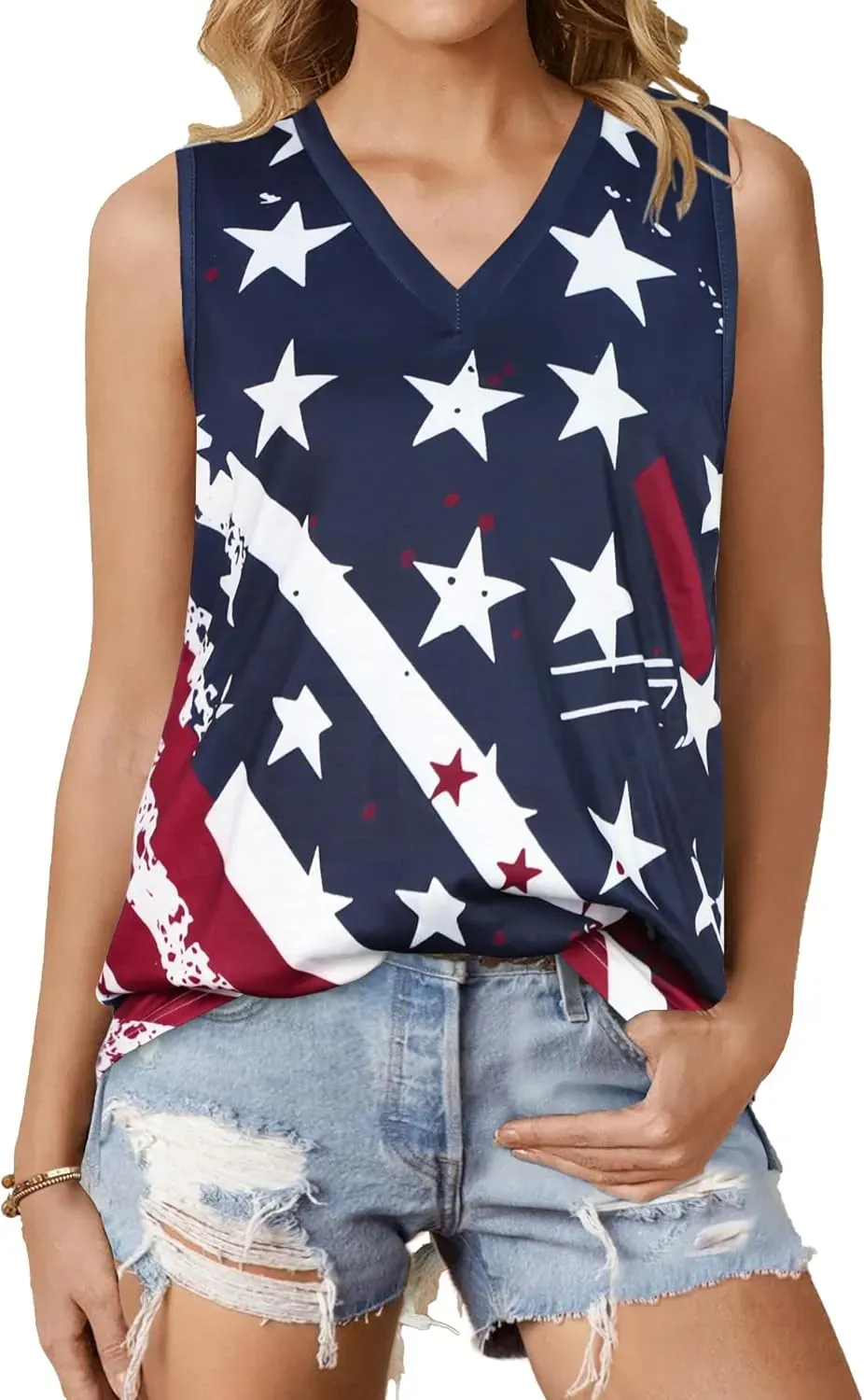 Summer Tops for Women Sleeveless V Neck Tshirt Loose Fit Casual Tank Tunic Blouse