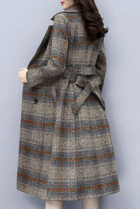 Plaid Front Belt Double Breasted Lapel Coat