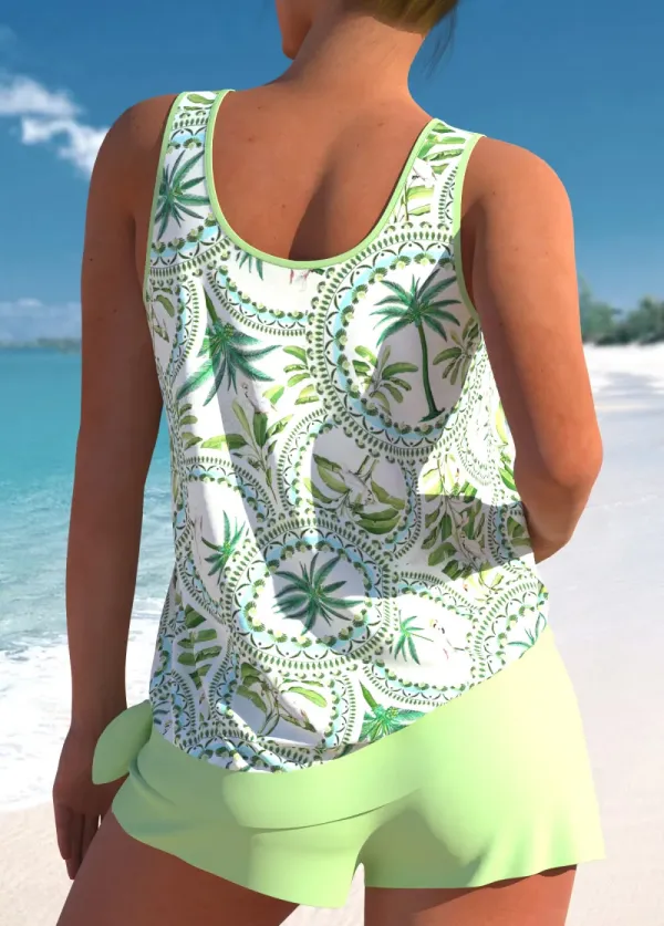 Asymmetry Mid Waisted Tropical Plants Print Tankini Set