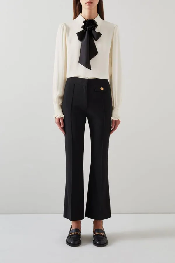 White Long Sleeve Bow Detail Silk Blouse