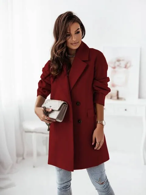 Suit Collar Solid Double Breasted Coat
