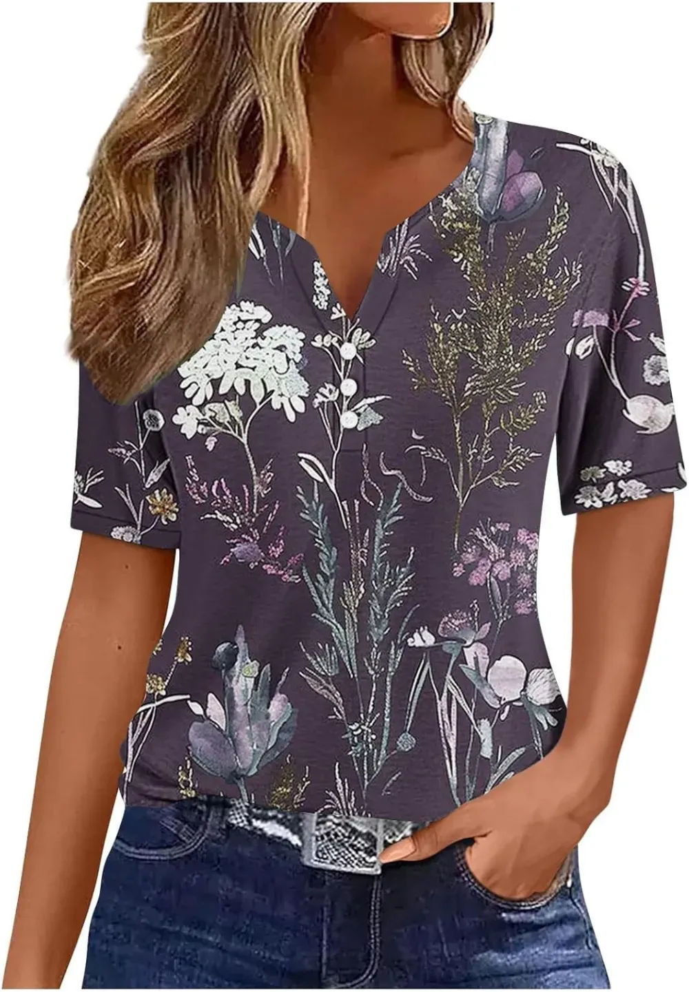 Shirts for Women Casual Printed Summer Tops Short-Sleeved Button V-Neck Tops Blouse Fashion Boho T-Shirts