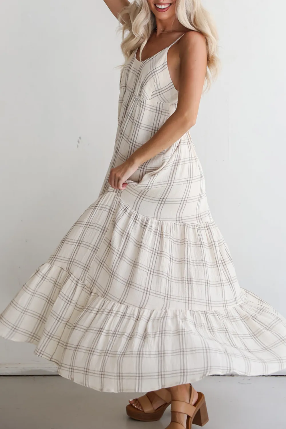 Playful Vibes Grey Plaid Linen Maxi Dress