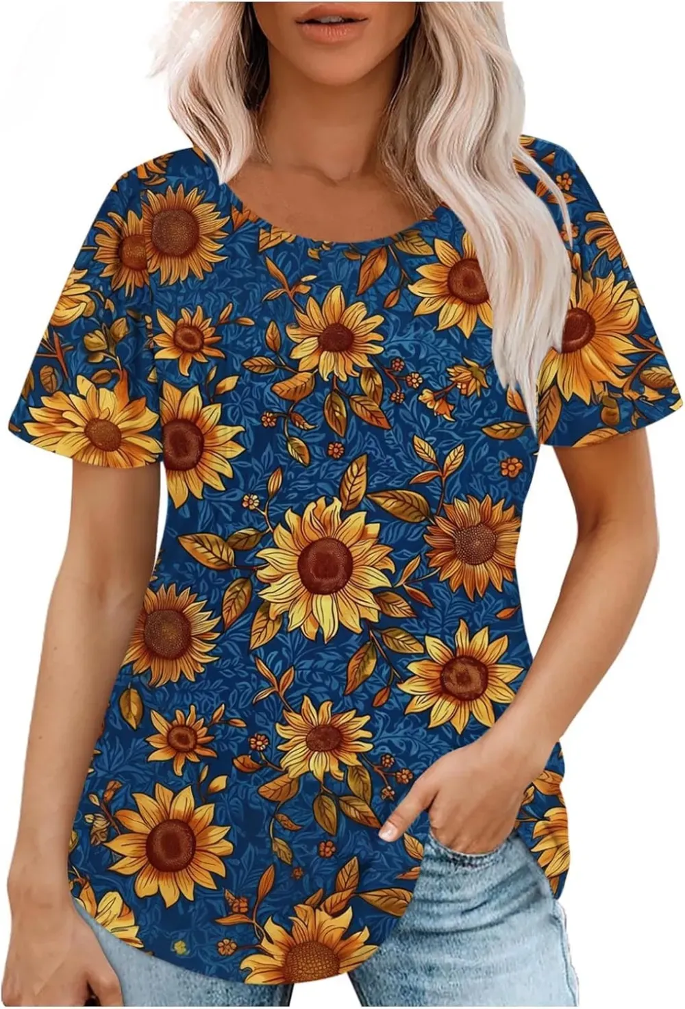 Womens Summer Pleated Front Shirts Tunics Casual Short Sleeved Loose Round Neck Boho Printed Tops Vacation Blouse