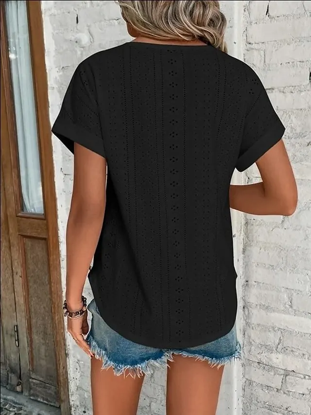 Women's T shirt Tee White Eyelet Tops Light Blue Black White Plain Cut Out Short Sleeve Daily Weekend Basic Round Neck Regular Cotton S