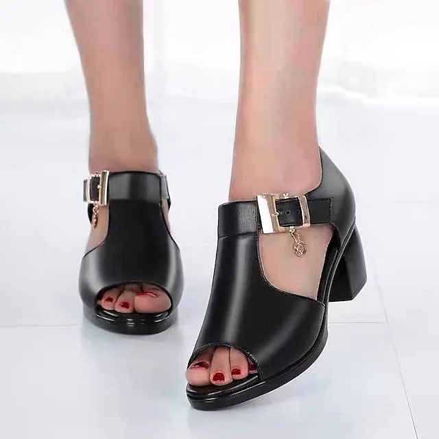 Women's Sandals Block Heel Sandals Daily Beach Summer Chunky Heel Peep Toe Vintage Classic Casual PU Leather PU Ankle Strap Solid Color Black Light Grey