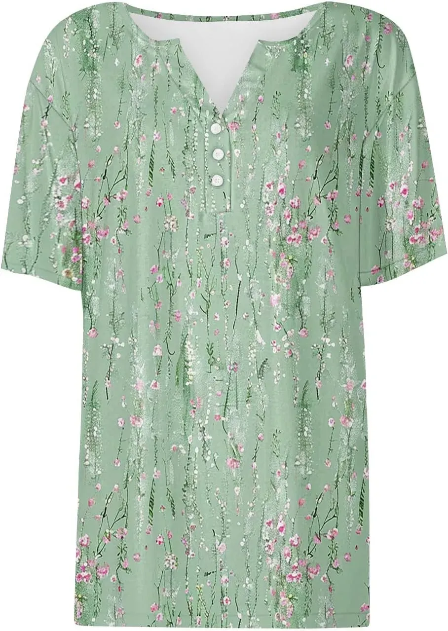 Shirts for Women Casual Printed Summer Tops Short-Sleeved Button V-Neck Tops Blouse Fashion Boho T-Shirts