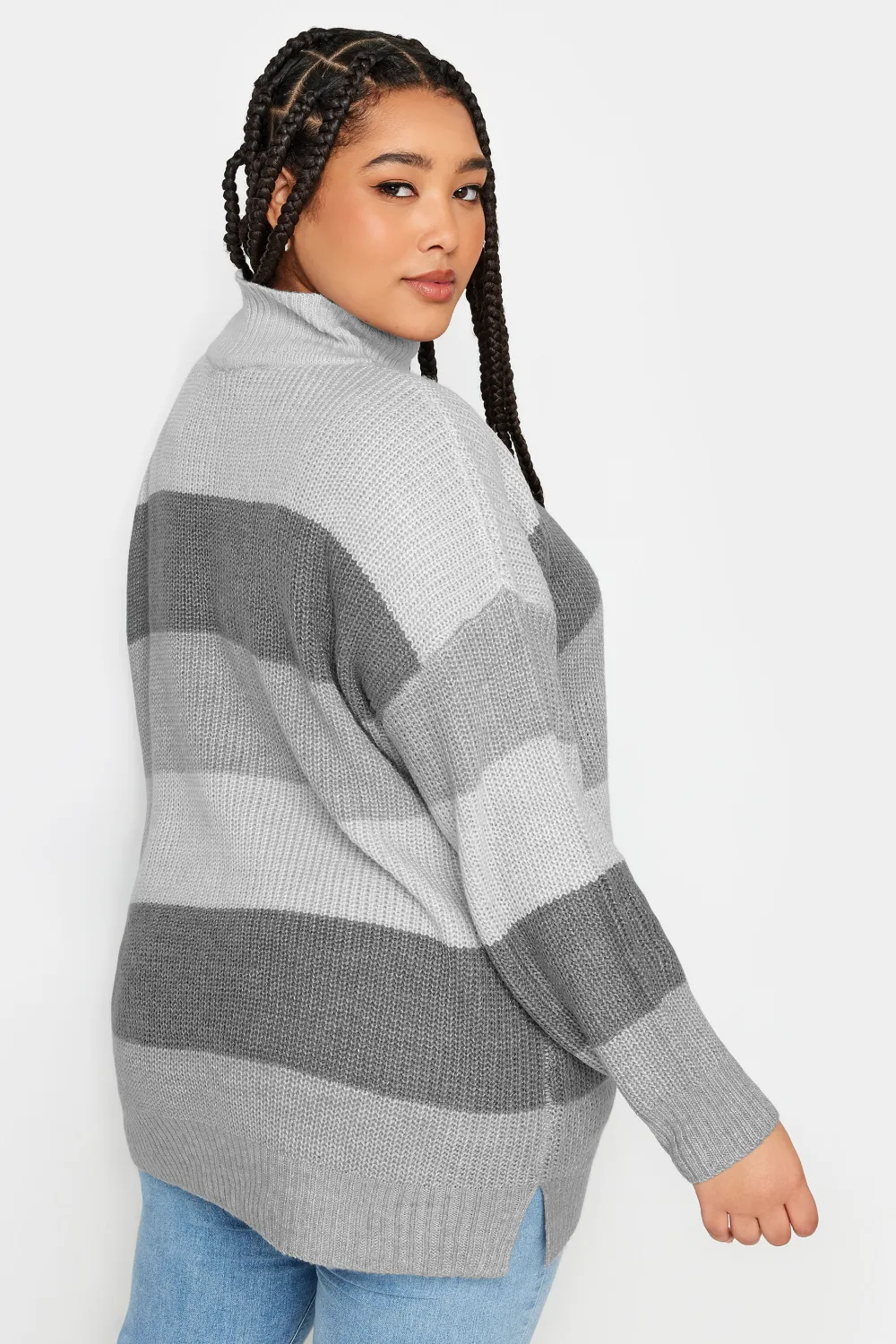 YOURS Curve Grey Stripe High Neck Knitted Jumper