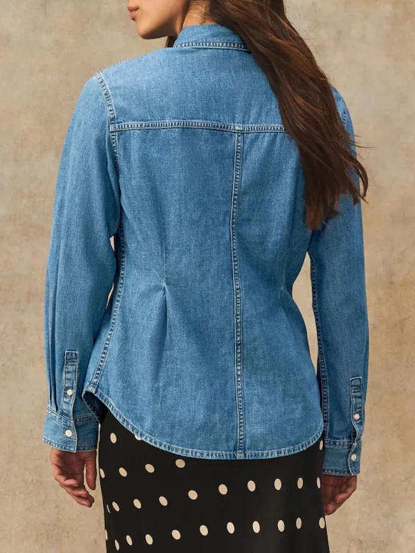 Mid-Blue Waist-Shaping Denim Shirt