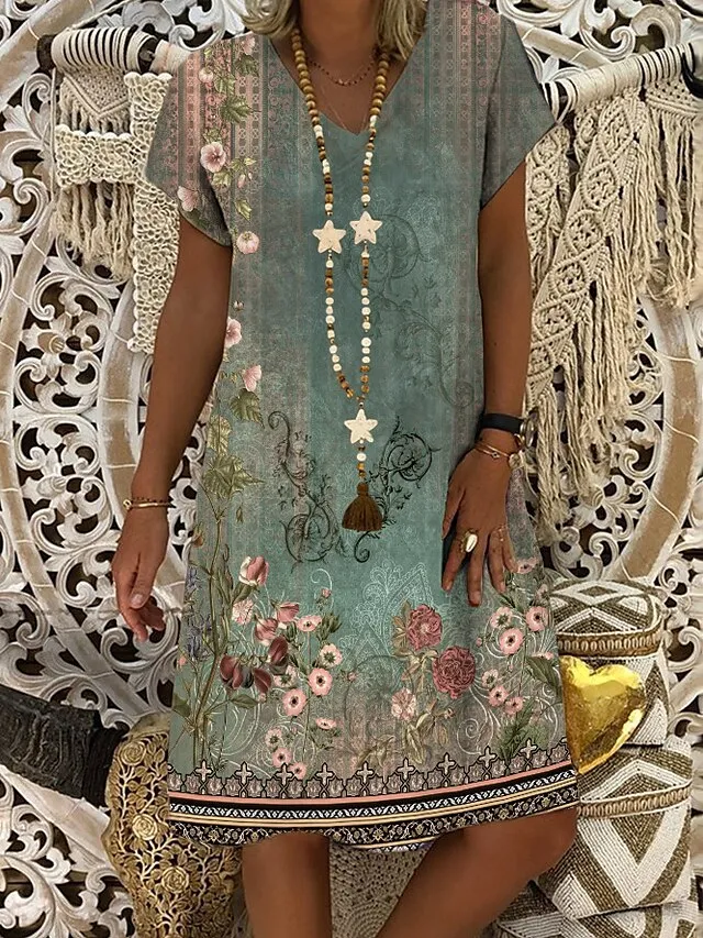 Women's Casual Dress Shift Dress Midi Dress White Blue Green Short Sleeve Flower Print Summer Spring V Neck Basic Vacation Summer Dress 2023 S M L XL XXL 3XL