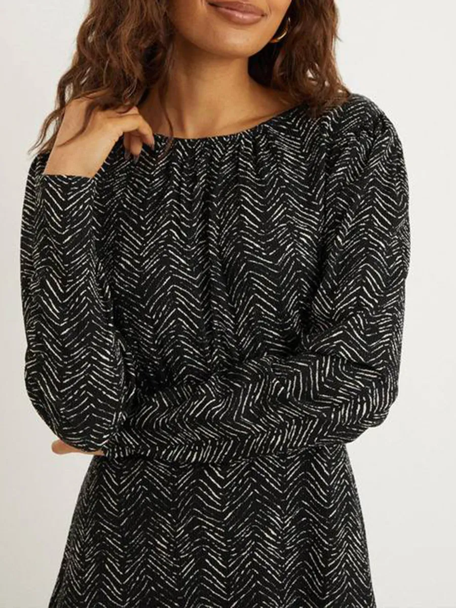 Chic Herringbone Pattern Long Sleeve A-Line Mini Dress
