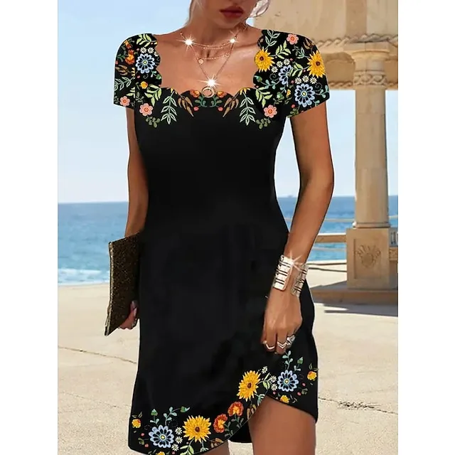 Women's Casual Dress Casual Dress Shift Dress Floral Print Ruched Print Square Neck Mini Dress Fashion Modern Daily Holiday Short Sleeve Regular Fit Black Summer Spring S M L XL XXL
