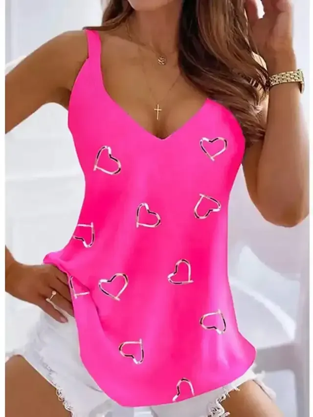 Women's Tank Top Black White Pink Heart Print Sleeveless Casual Weekend Basic V Neck Regular S