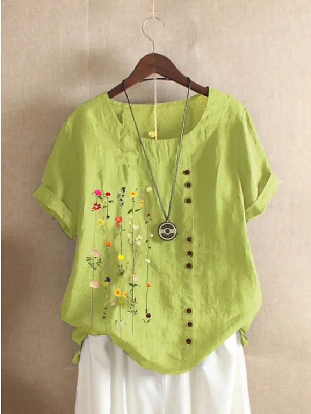 Women's Shirt Linen Shirt Blouse Cotton Graphic Floral White Blue Green Short Sleeve Daily Casual Crew Neck Regular Fit Summer Spring Fall