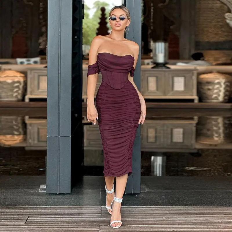 Women's Off The Shoulder Cocktail Midi Dress with Built-in Bra Ruched Bodycon Corset for Fall Homecoming Wedding Guest Formal Party - Sleeveless