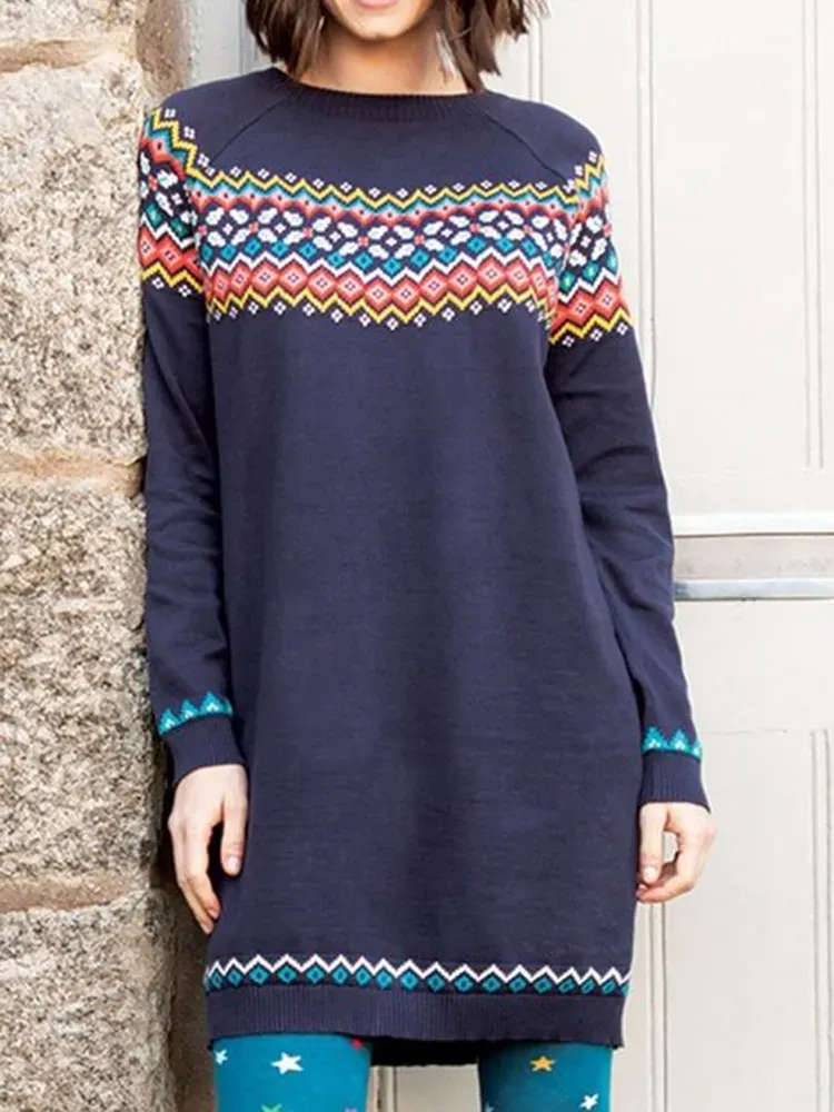 Fairman Island Print Crew Neck Long Sleeve Knit Midi Dress