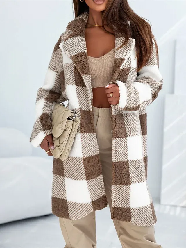Women's Winter Coat Fleece Jacket Sherpa Jacket Thermal Warm Plaid Teddy Coat Open Front Lapel Long Coat with Pocket Fall S M L XL 2XL