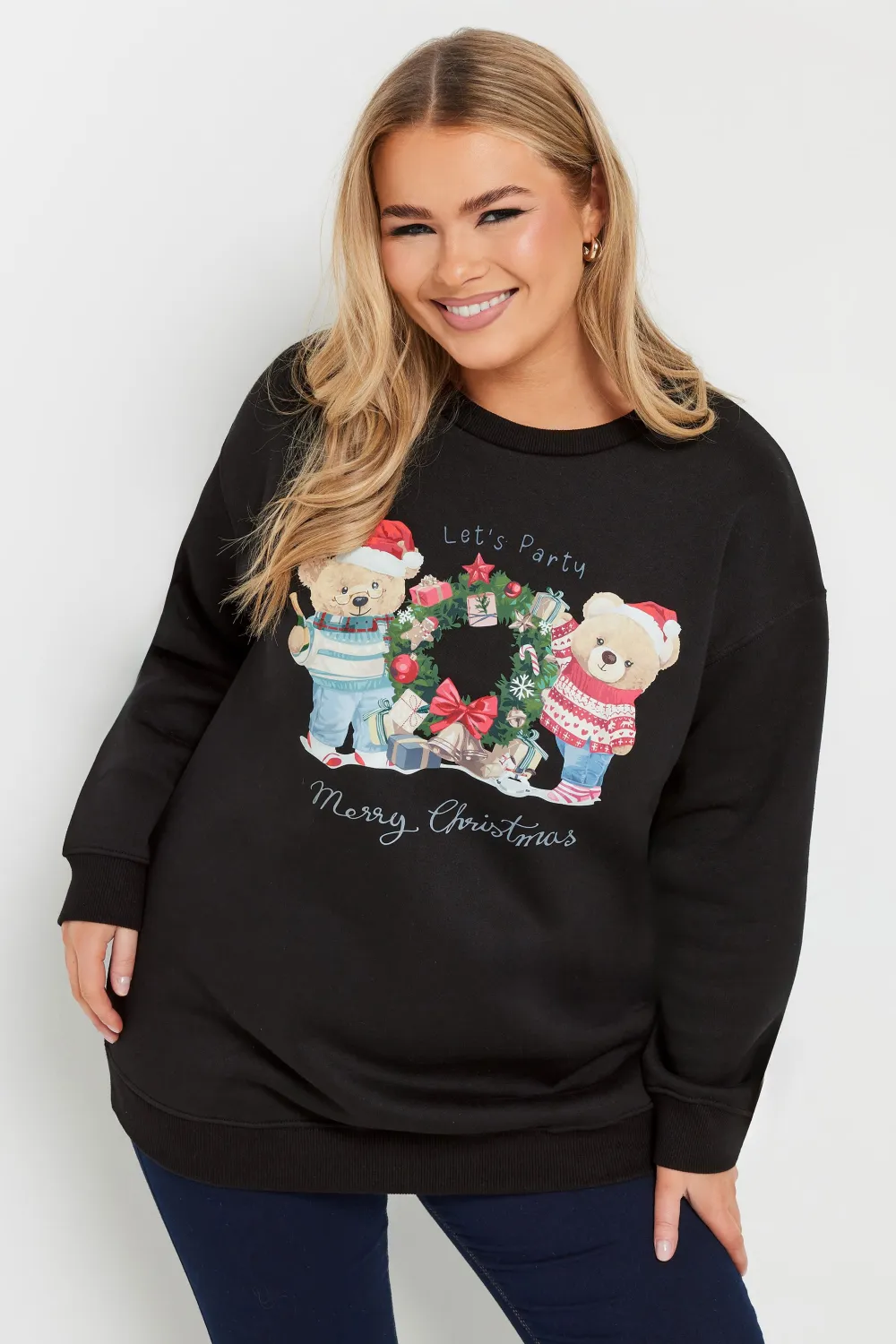 YOURS Curve Black Teddy Bear Christmas Print Sweatshirt