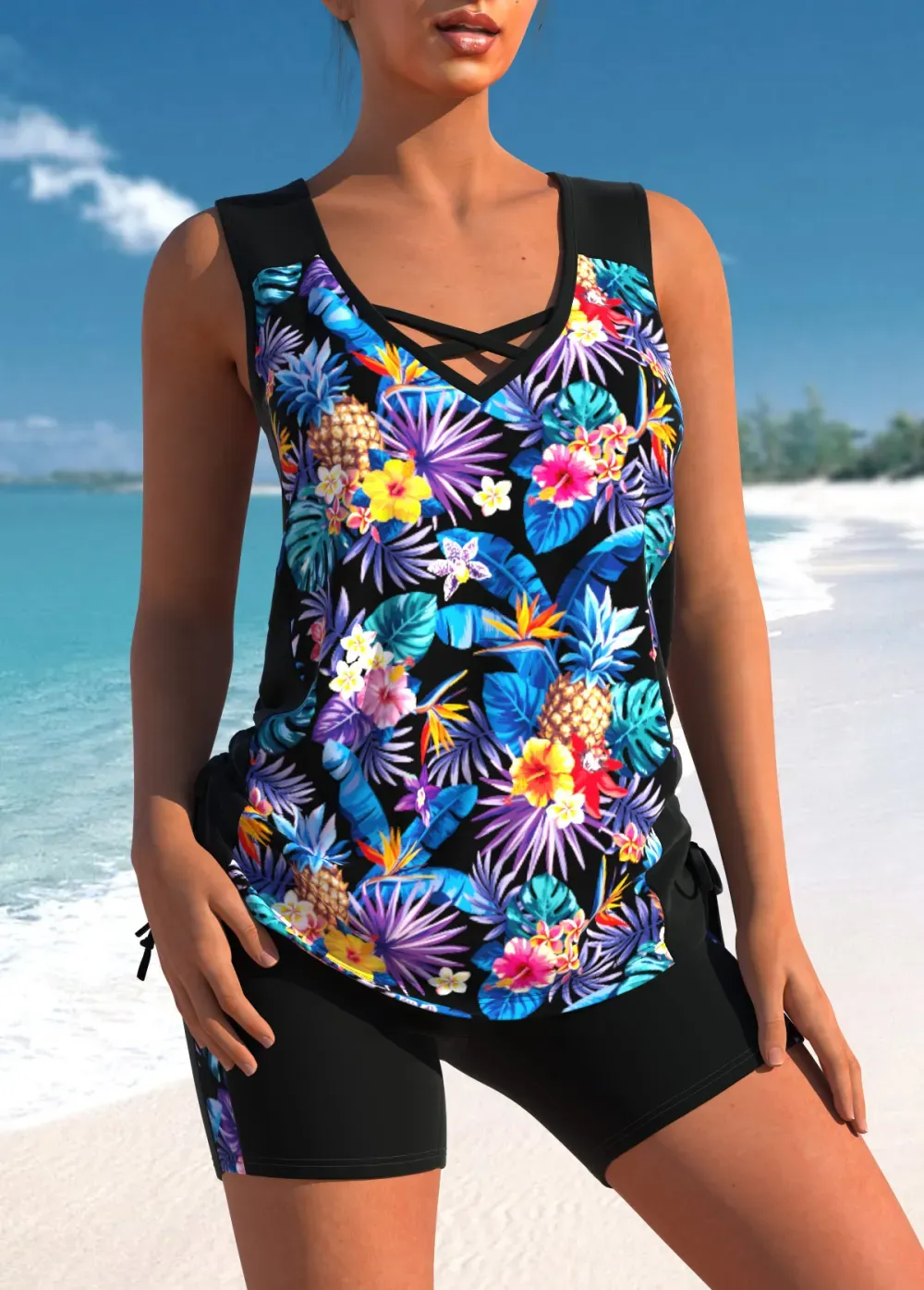 Floral Print Black Cross Strap Tankini Set