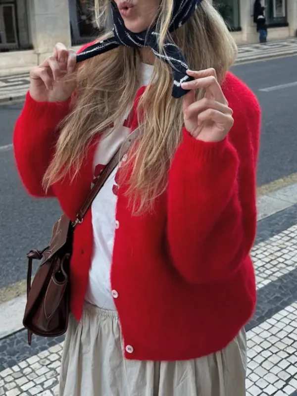 Casual Style Cardigan Red