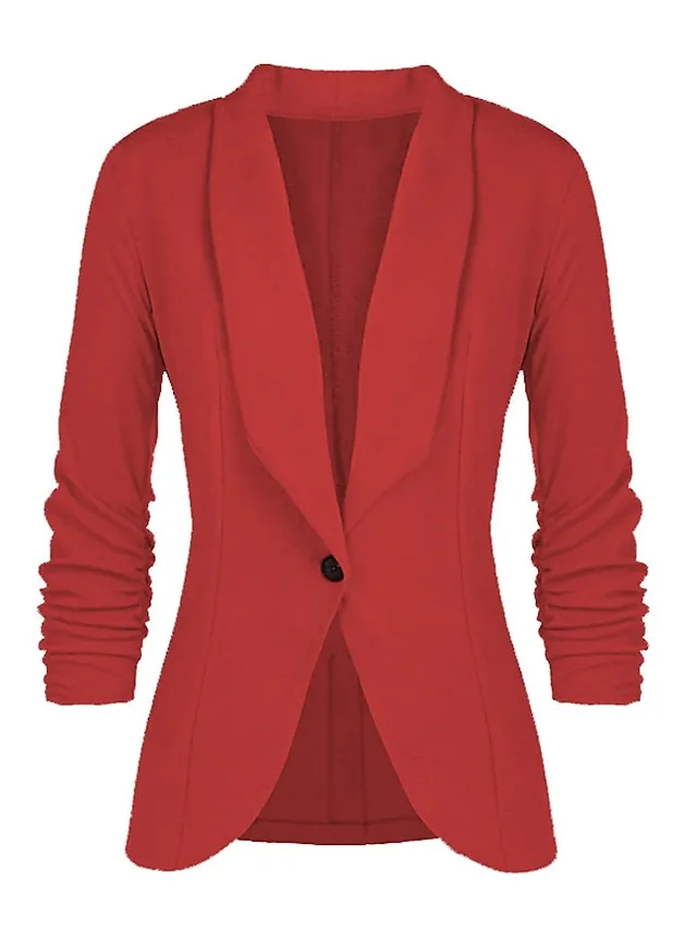 Women's Blazer Formal Office Jacket Open Front Button Plain Windproof Streetwear Pink Regular Fit Outerwear Long Sleeve Spring Navy S