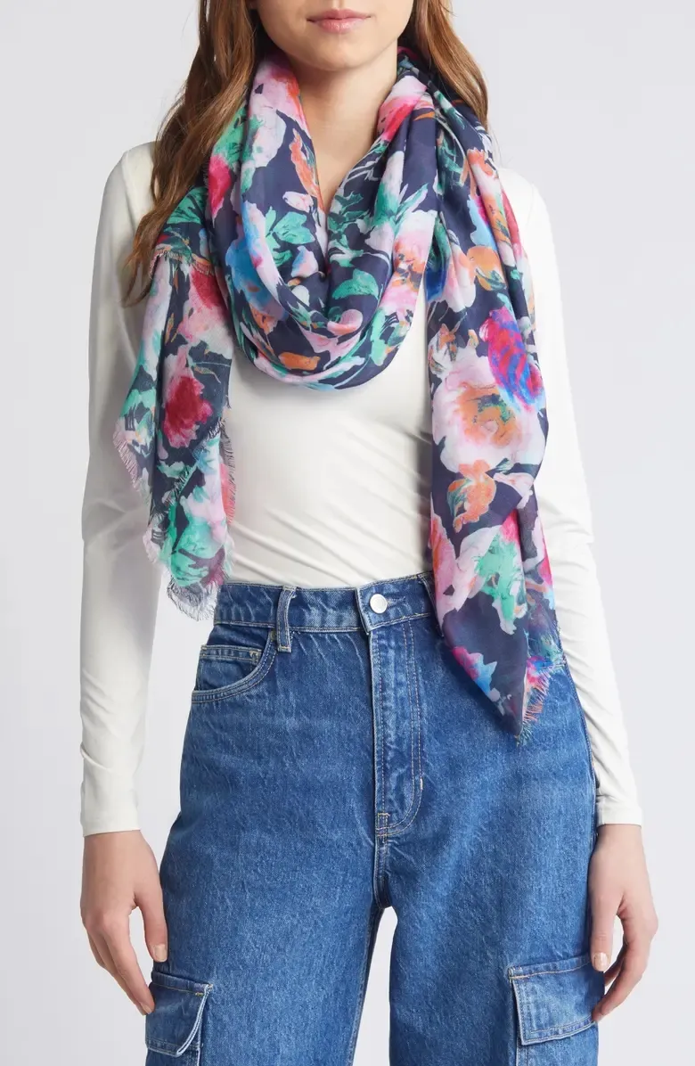 Floral Print Fringe Scarf