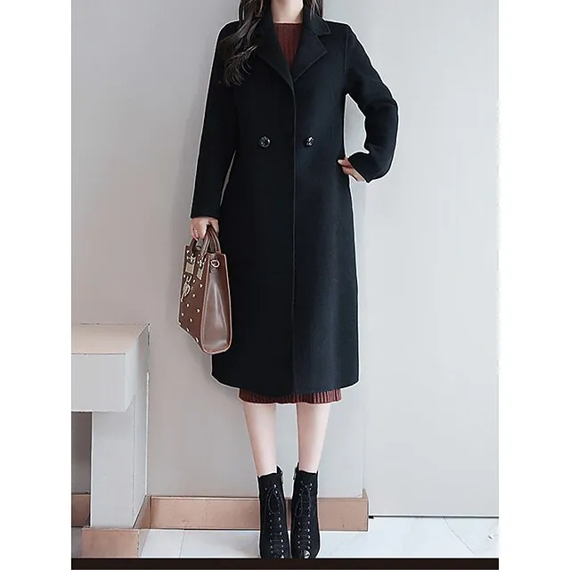 Women's Winter Coat Long Overcoat Double  Breasted Lapel Pea Coat Thermal Warm Windproof Trench Coat Stylish Contemporary Modern Jacket Long Sleeve with Pockets Black Yellow Red