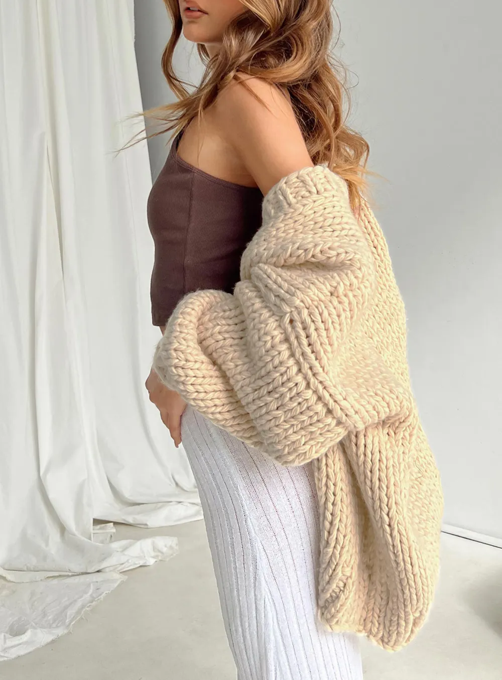 Balloon Sleeves Knit Cardigan Olive