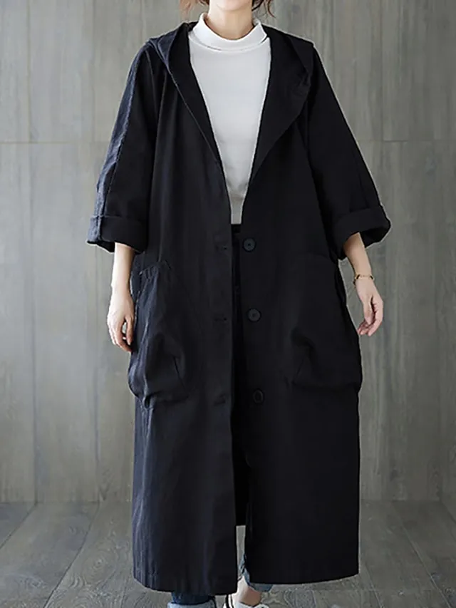 Women's Trench Coat Daily Fall Long Coat V Neck Regular Fit Warm Casual Jacket Long Sleeve Solid Color Quilted Black Khaki