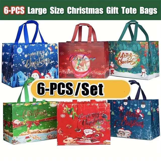 6pcs Gilding Christmas Gift Bags Christmas Tote Bags With Handles Reusable Reinforced Handle Grocery Bags Christmas Treat Bags Multifunctional Non-Woven Christmas Bags For Gifts Wrapping Shopping