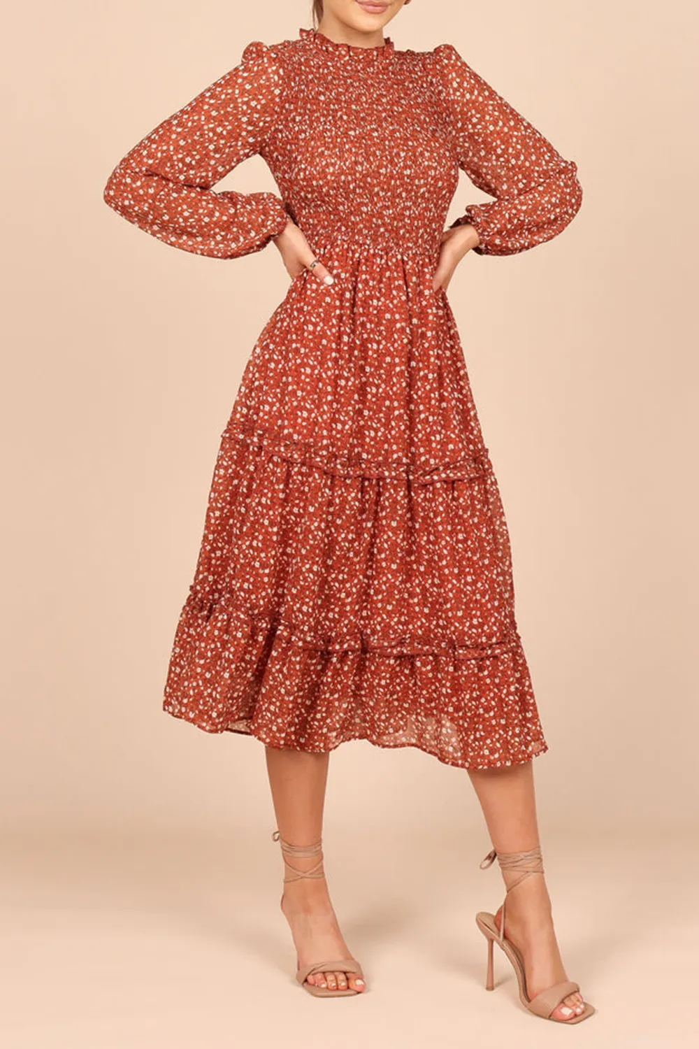 NAVY FLORAL SHIRRED FRILL LONG SLEEVE MIDI DRESS