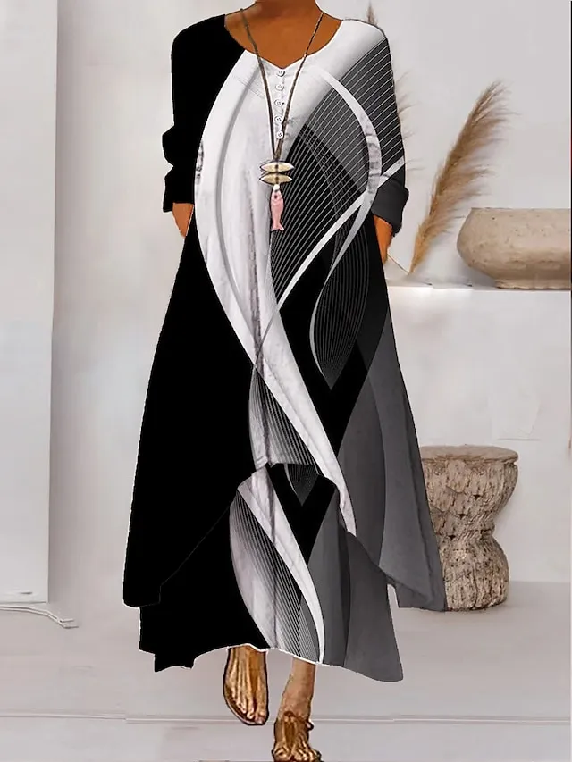 Women's Color Block Long Maxi Dress Button Layered Casual Dress Swing Dress Print Dress Fashion Modern Daily Vacation Weekend 3/4 Length Sleeve Crew Neck Dress Loose Fit Silver Black White
