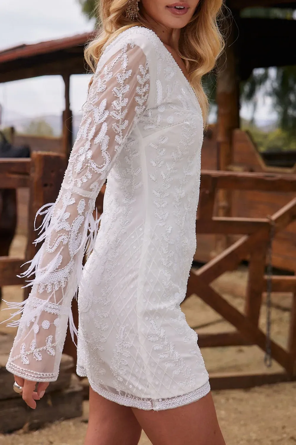 White Printed Sequin Long Sleeve Dress