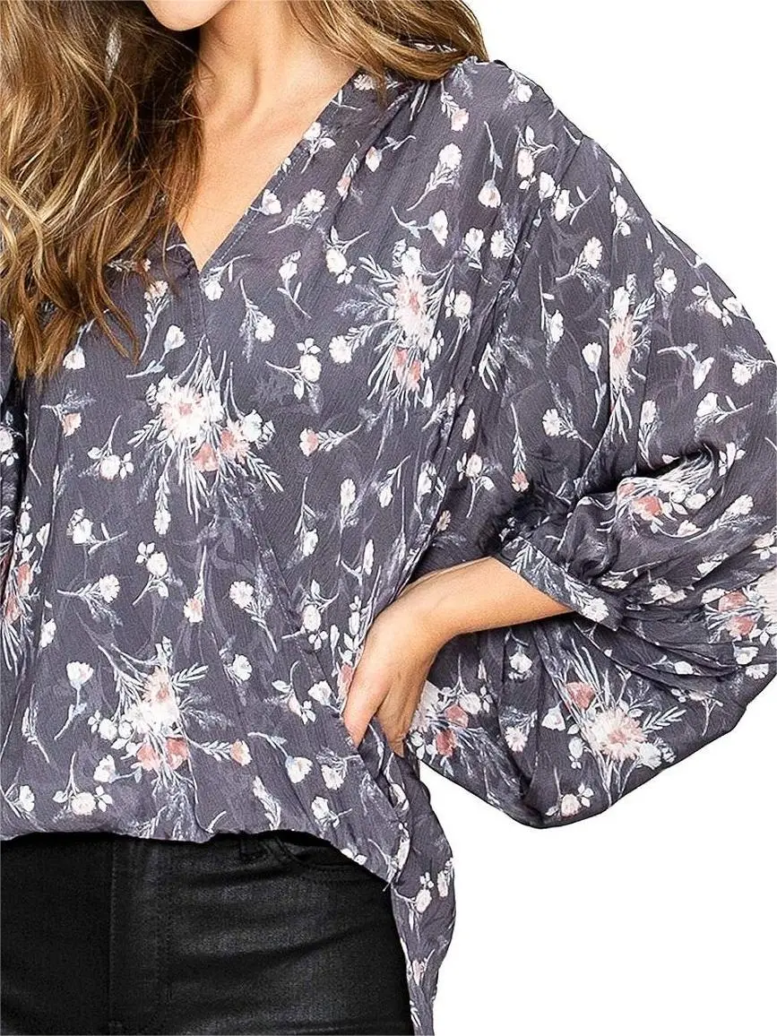 Floral Surplice Long Sleeve Blouse