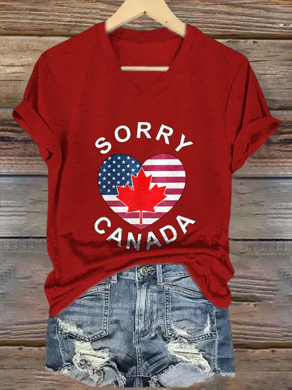Sorry Canada Printed V-Neck Short-Sleeved T-Shirt