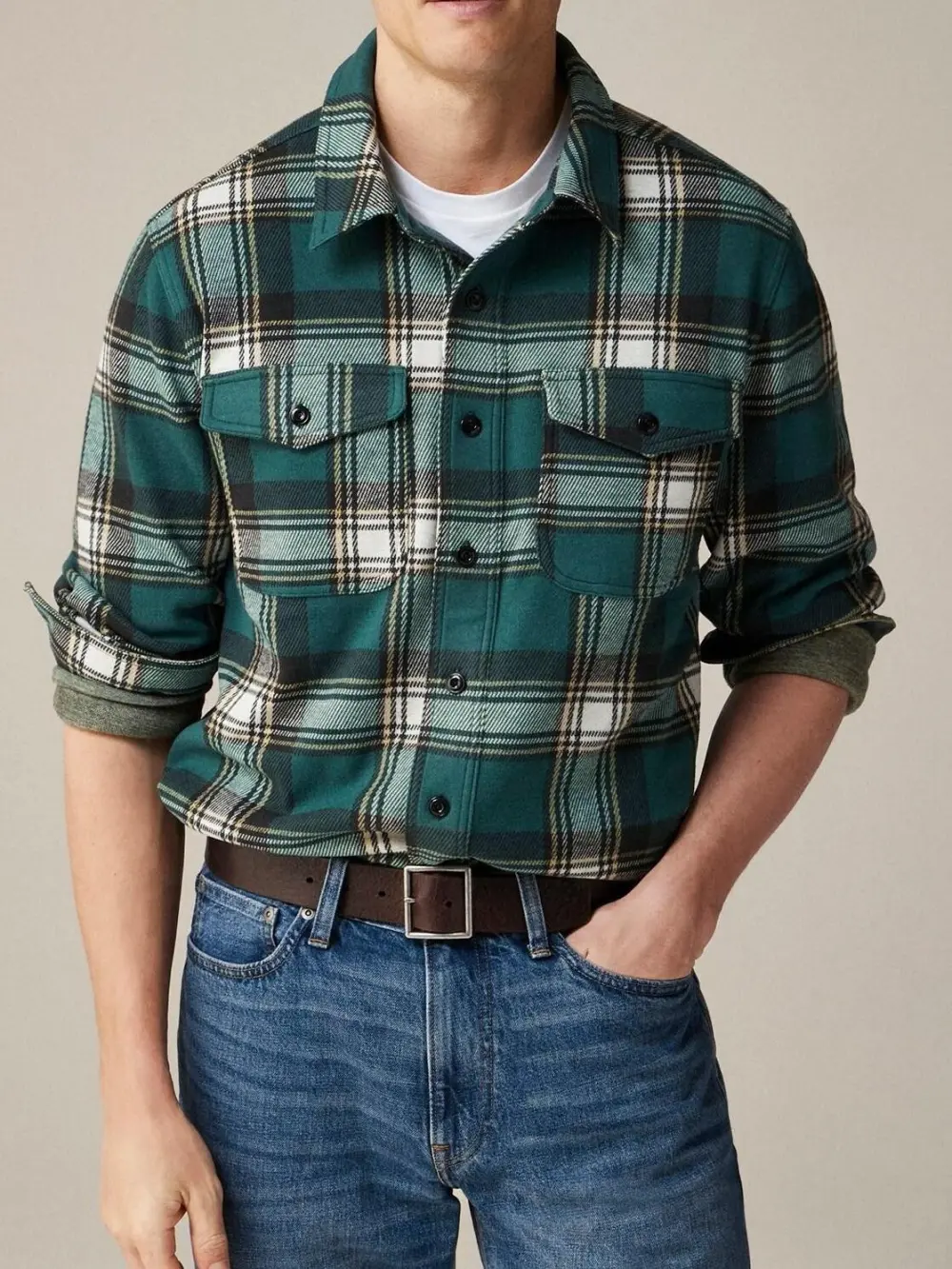 Green And White Plaid Long Sleeve Shirt