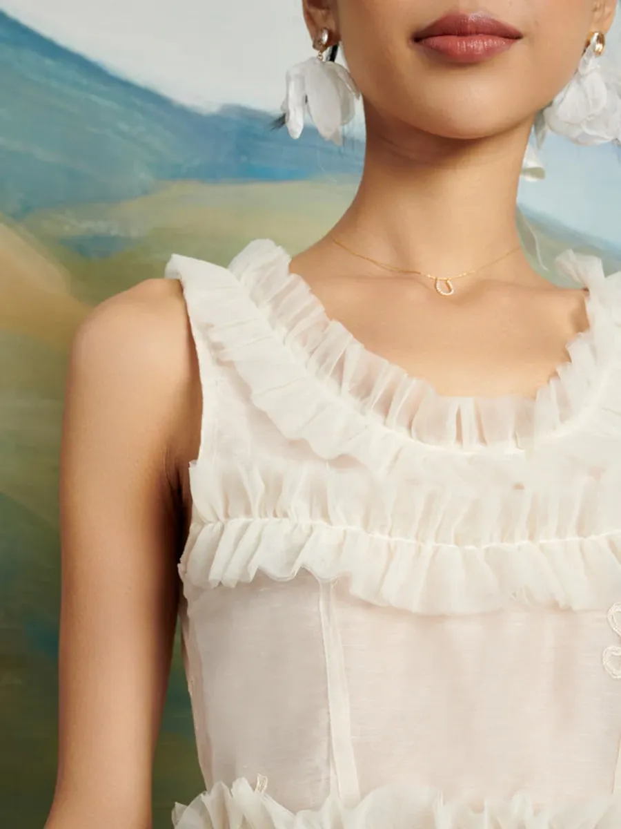 Casual Crew Neck Tulle Ruffle Top