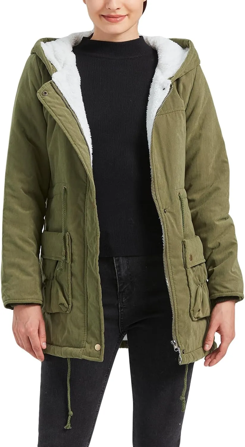 Women's Winter Mid Length Thick Warm Faux Lamb Wool Lined Jacket Coat