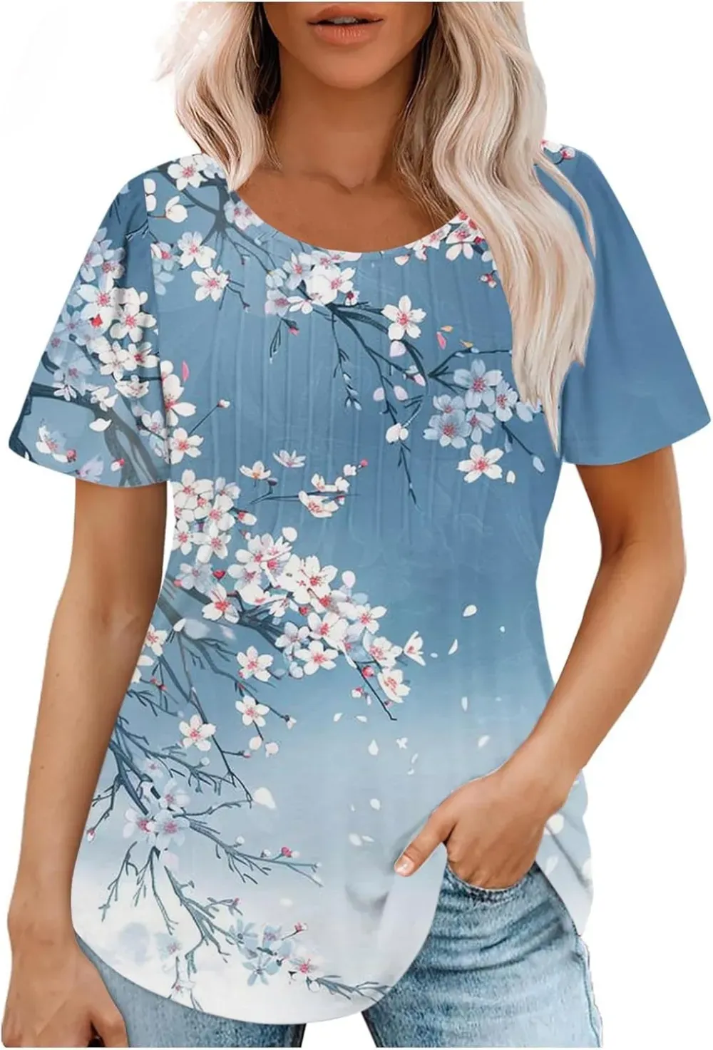 Womens Summer Pleated Front Shirts Tunics Casual Short Sleeved Loose Round Neck Boho Printed Tops Vacation Blouse