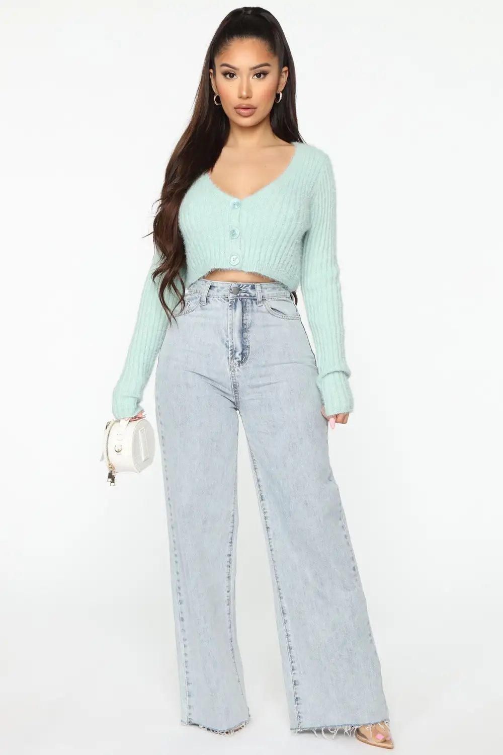 Premium Fuzzy Cropped Cardigan - Sage