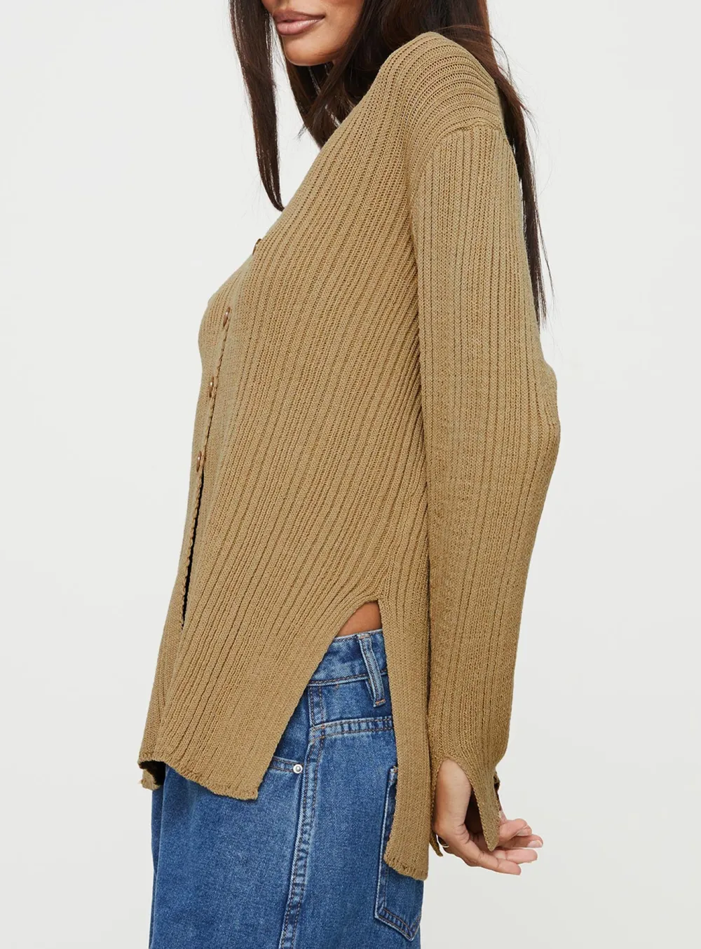 Beige Slit Knitted Cardigan
