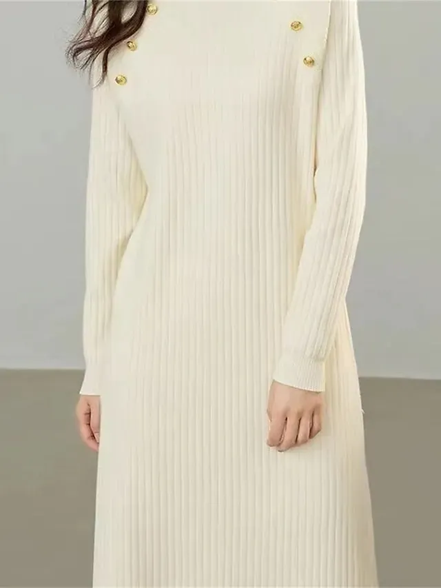 Women's Sweater Dress Jumper Dress Winter Dress Midi Dress Warm Fashion Casual Pure Color Outdoor Daily Vacation Going out Crew Neck Long Sleeve Button 2023 Loose Fit Black White Green One Size