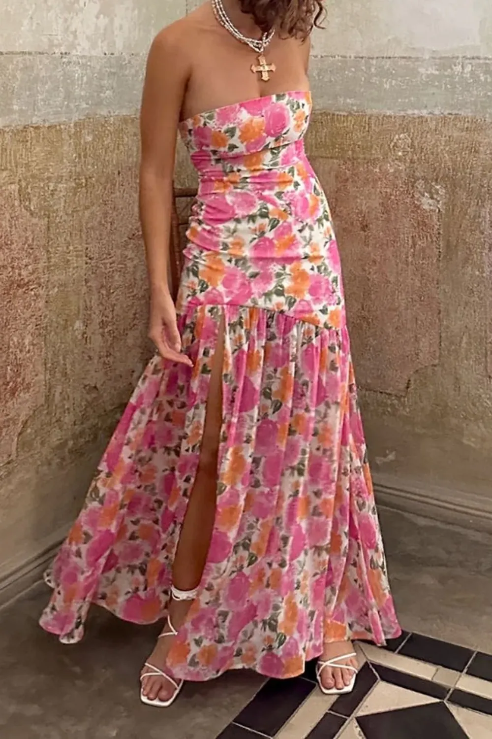 Strapless Drop Waist Pink Floral Maxi Dress
