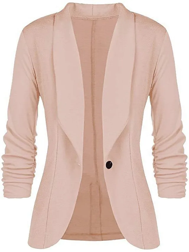 Women's Blazer Formal Office Jacket Open Front Button Plain Windproof Streetwear Pink Regular Fit Outerwear Long Sleeve Spring Navy S