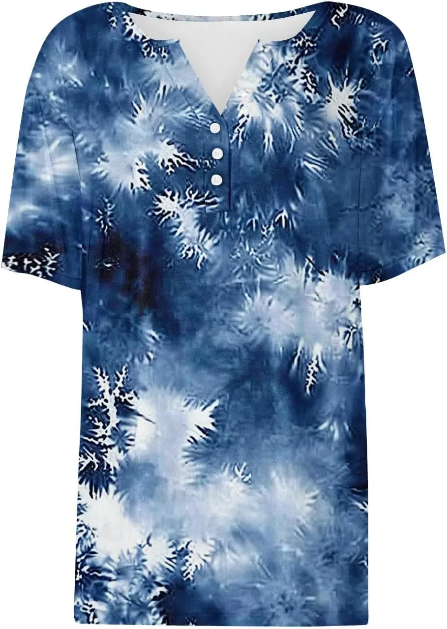 Shirts for Women Casual Printed Summer Tops Short-Sleeved Button V-Neck Tops Blouse Fashion Boho T-Shirts